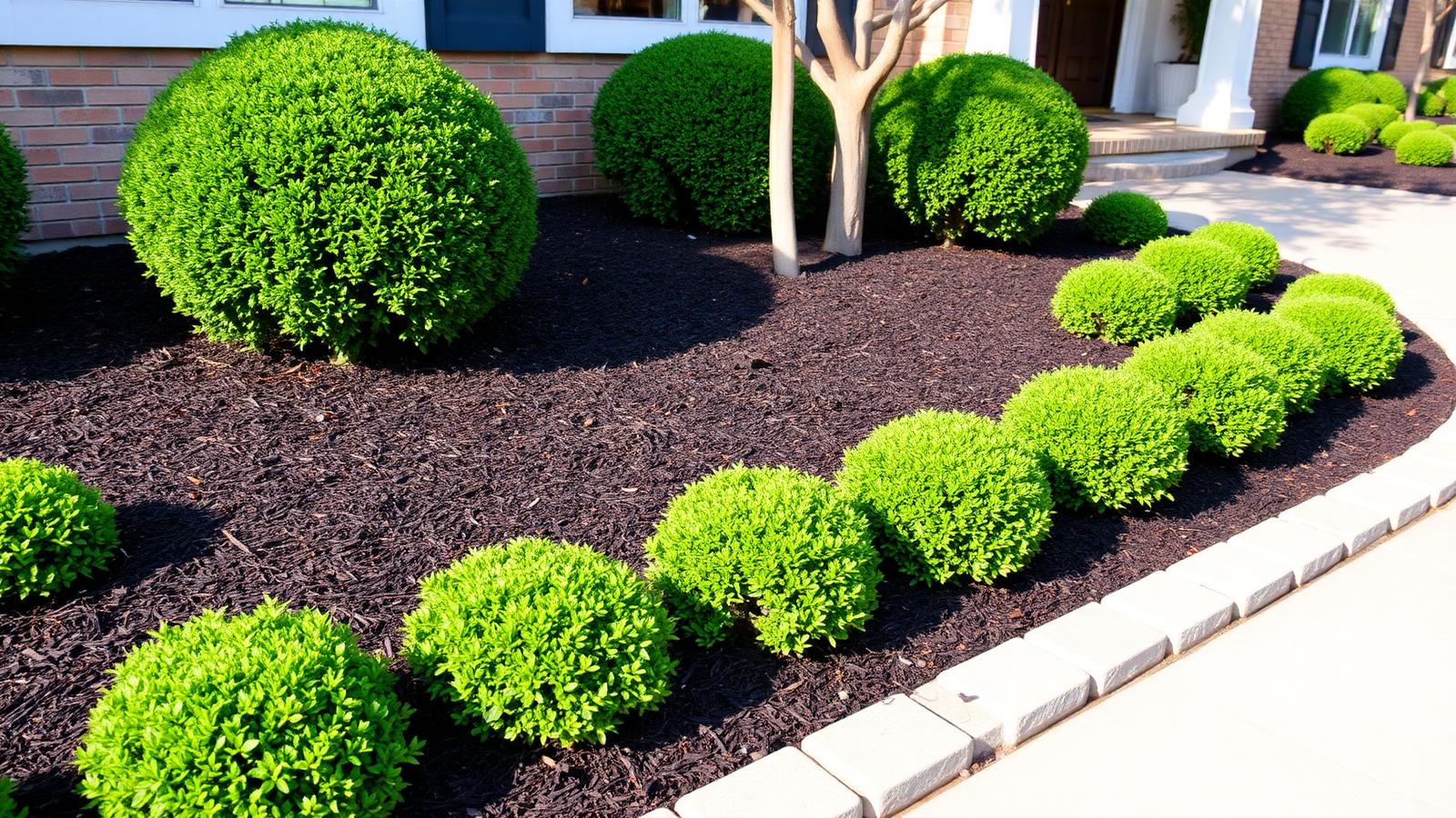 Freshly mulched landscape beds with trimmed shrubs along a home walkway